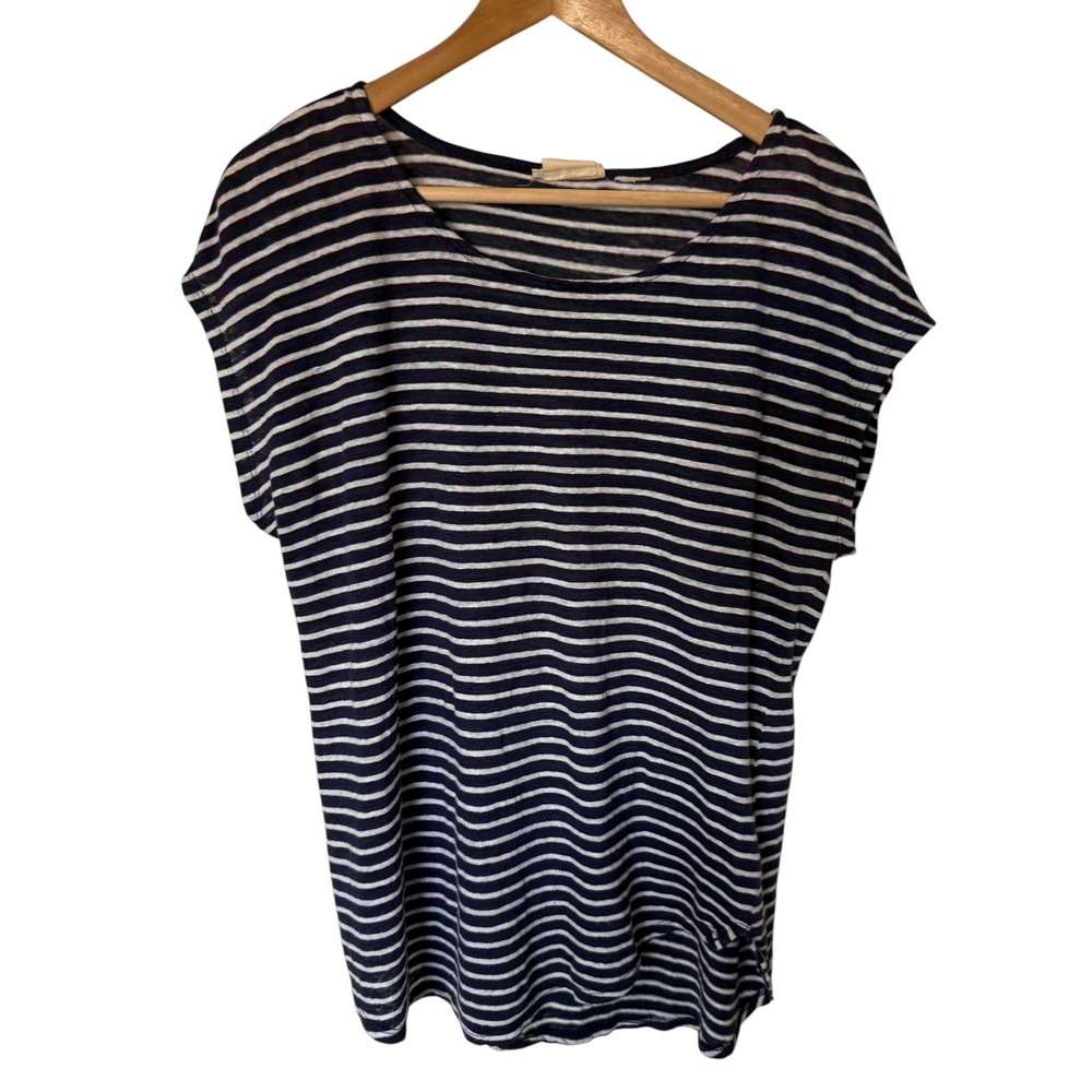 Christian Siriano Top Women L Navy White Striped Linen Cap Sleeve Excellent